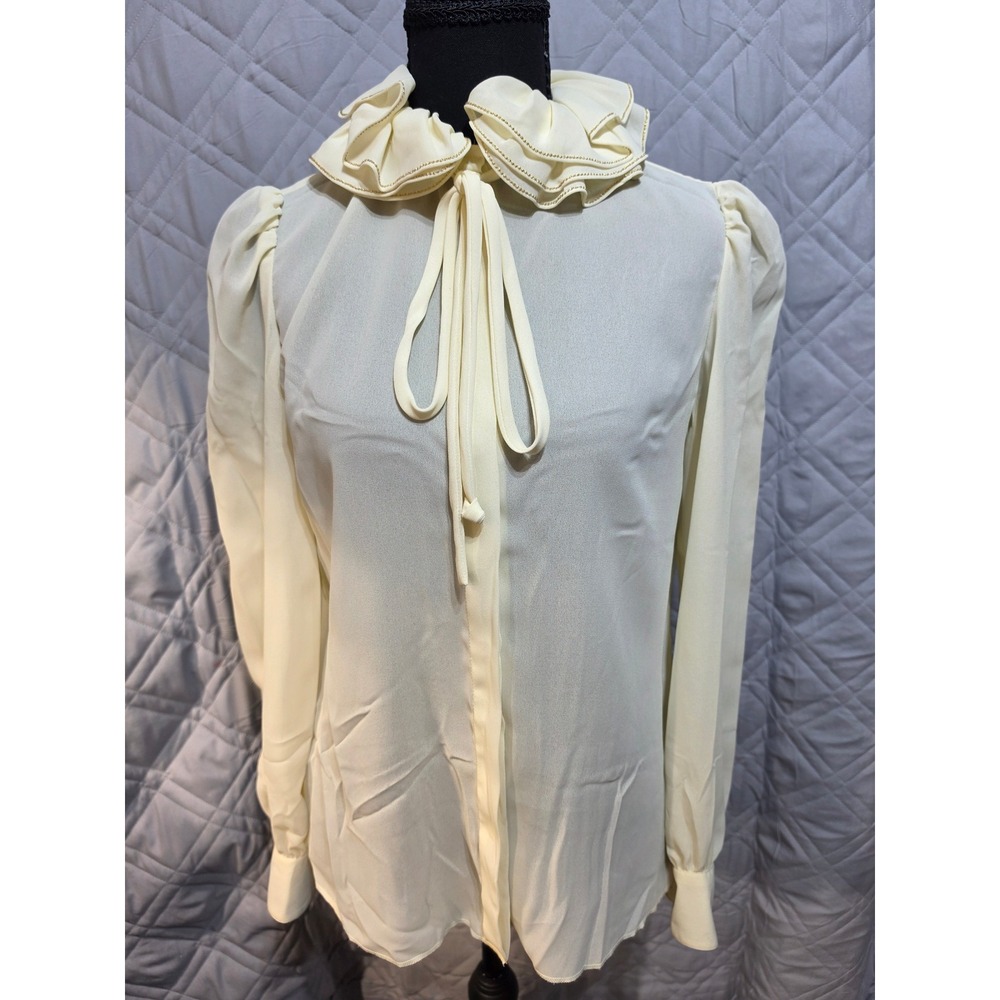 St. John Vintage Cream Ruffle Tie Neck Blouse Gold Trim Sheer Long Sleeve Size 6